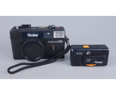 2 Rollei-Kameras: Rolleimat AF, Autofokus-Ssytem, Rolleinon 1:2,8, 38mm, mit Anleitung, im Tasche;  Rollei A110, Tessar 1:2,8