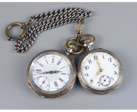 2 silberne Taschenuhren, um 1880/90, emaillierte Zifferblätter (haarrissig), 1* mit römischen Ziffern, läuft an, dazu  silber