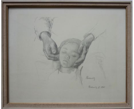 Kopie nach Käthe Kollwitz, "Kopf eines Kindes in den Händen der Mutter", Lithografie, verglast gerahmt, Gesamt-H*B 31*37cmCop