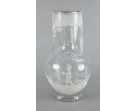 Wasserkaraffe mit Becher, Schneemalerei, um 1890, mundgeblasenes Klarglas, jeweils mit Abriss und gerippter Wandung, einseiti