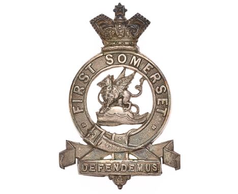 First Somerset Militia (Taunton) Victorian glengarry badge c. 1874-81. Good scarce die-stamped white metal crowned strap FIRS
