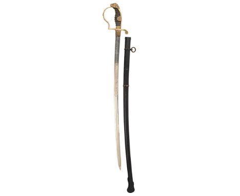 Imperial German Officer's sword. Good example by Ewald Cleef, Solingen with plated, slightly curved 75 cm blade, etched with 