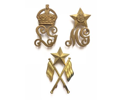 3 x British Army brass proficiency badges. Crowned LG by Firmin, London (Best Lewis Gunner / Light Machine Gunner in battalio