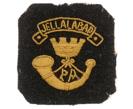 Prince Albert's Own Somerset Light Infantry cloth pagri badge. Good green rectangle with canted corners embroidered with yell