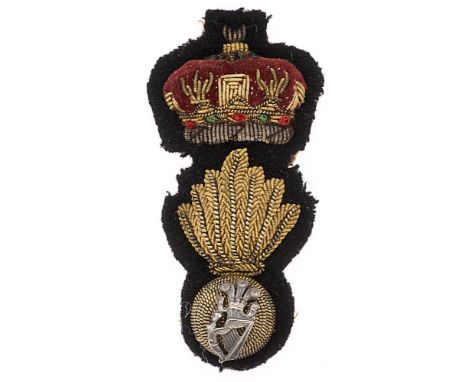 Royal Irish Fusiliers post 1881 Officers bullion forage cap badge. Good flaming grenade surmounted by coronet with crimson ve