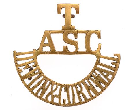 T / ASC / DEVON &amp; CORNWALL Army Service Corps shoulder title c. 1908-21. Good scarce die-cast brass issue. Three loops. V