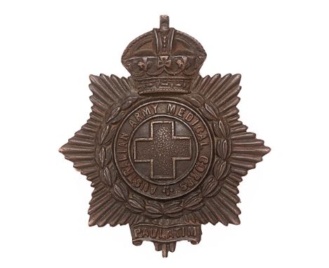Australian Army Medical Corps c. 1900-12 cap badge. Good scarce die-stamped bronze crowned star bearing title circlet resting