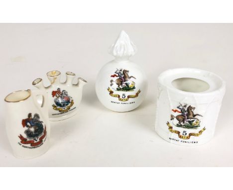 4 Northumberland Fusiliers Crested China Items. Each item is decorated with a regimental device: Flaming Grenade ... Drum ...