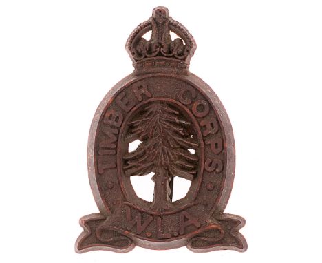 Timber Corps, Women's Land Army WW2 plastic cap badge. Good scarce reddy brown crowned title oval resting on W.L.A. scroll; f
