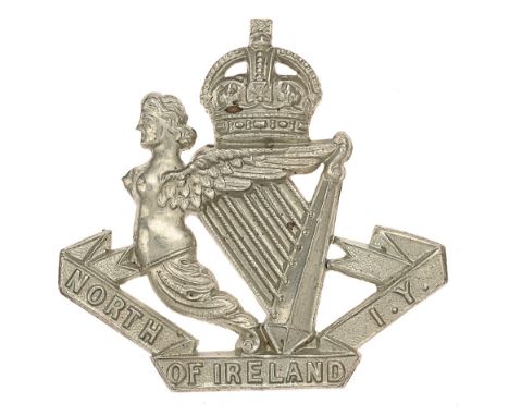 North of Ireland Imperial Yeomanry Edwardian Irish cap badge c. 1902-08. Good scarce die-stamped white metal crowned Maid of 