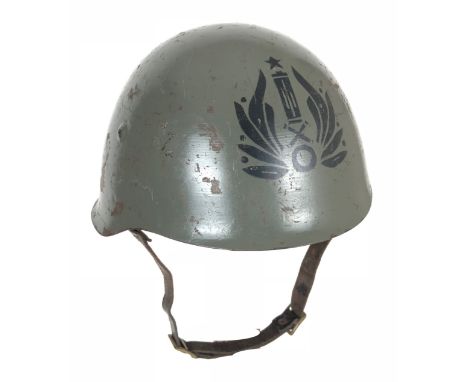 WW2 Italian Army Combat Helmet. A good example with stencilled regimental badge to the front. Complete with leather lining an
