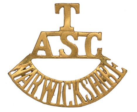 T / ASC / WARWICKSHIRE Army Service Corps shoulder title c. 1908-21. Good scarce die-cast brass issue. Three loops. VGC Bob B