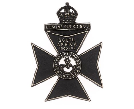 6th City of London Rifles Officer's cap badge c. 1908-35. Good scarce die-stamped blackened white metal example with burnishe