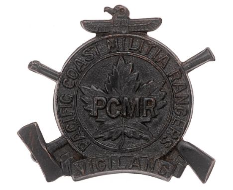 Pacific Coast Militia Rangers Canadian WW2 cap badge. Good scarce thin die-stamped bronzed title circlet, surmounted by totem
