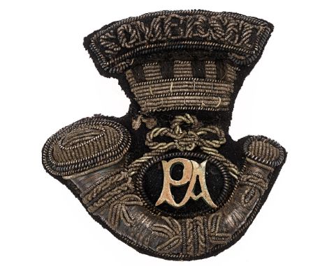 2nd (Taunton) VB Somerset Light Infantry Victorian Officer's forage cap badge c. 1882-97. Good scarce silver wire embroidered