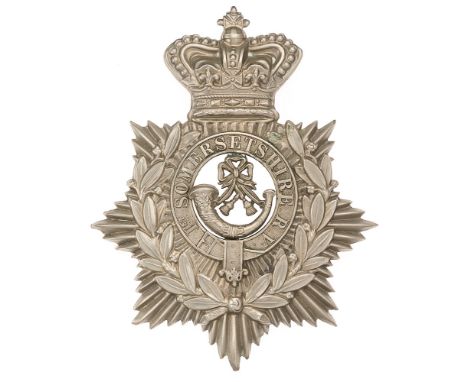 1st Somersetshire Rifle Volunteers Victorian helmet plate badge c. 1880-81. Good scarce short-lived die-stamped white metal c