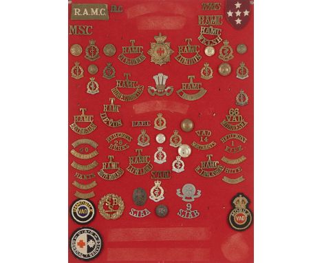 Royal Army Medical Corps badges, shoulder titles etc. Board with good display of approx. 73 metal and cloth insignia includin