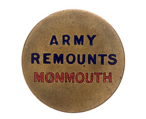 Army Remounts Monmouth WW1 Welsh lapel badge. Good scarce die-stamped brass disc bearing ARMY over REMOUNTS inset with blue e