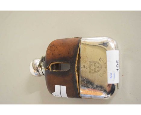 SMALL SILVER PLATED AND LEATHER MOUNTED HIP FLASK BEARING PRESENTATION INSCRIPTION 'C C GARBETT BY JESUS TRIAL 8, NOVEMBER 19