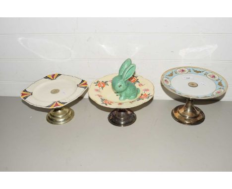 THREE EARLY 20TH CENTURY SILVER PLATED AND CERAMIC TAZZAS TOGETHER WITH A FURTHER SYLVAC RABBIT