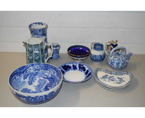 MIXED LOT VARIOUS BLUE AND WHITE CHINA WARES, COPELAND SPODE, SMALL STAFFORDSHIRE FIGURE ETC