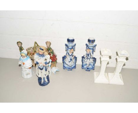 MIXED LOT NODDING HEAD FIGURES, CERAMIC FIGURAL CANDLESTICKS, CONTINENTAL BISQUE TABLE BASKET AND OTHER ITEMS (8)