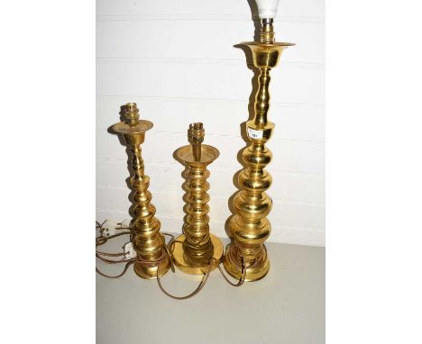 THREE VINTAGE BRASS TABLE LAMPS OF BOBBIN FORM