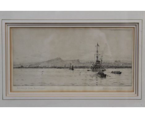 *Rowland Langmaid (1887 - 1956), signed etching - Edinburgh from Burntisland, in glazed frame, 16cm x 31cm