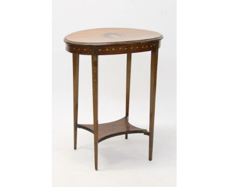 Edwardian satinwood and polychrome painted oval side table, the top centred by painted 18th century-style portrait reserve, w