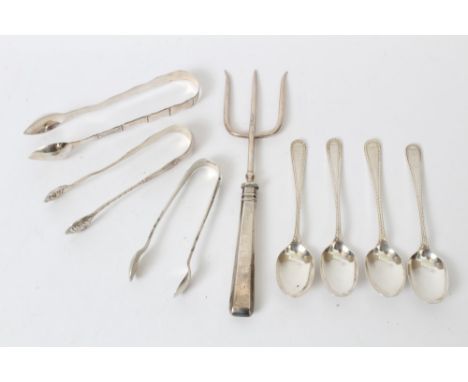 Selection of miscellaneous Victorian and Edwardian silver - including four teaspoons with bright cut decoration, three pairs 