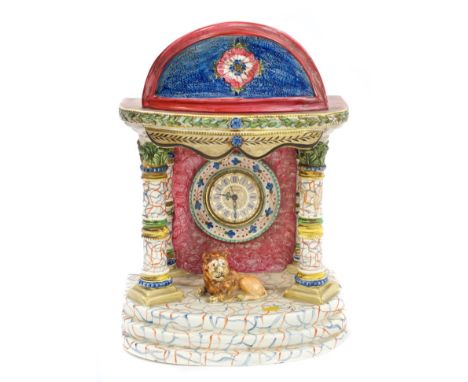 Rare early 19th century Obadiah Sherratt-type pearlware watch stand, circa 1810, in the form of a portico, with seated lion a