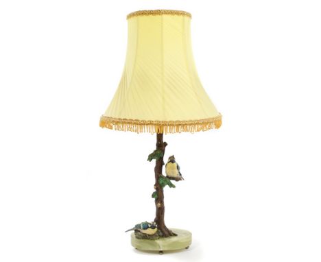 Late 19th / early 20th century Austrian cold-painted bronze table lamp, the stem modelled as a tree trunk, with blue tits, ra
