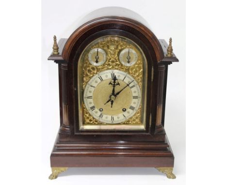 Late Victorian bracket clock with gilt and silvered arched dial with chime-silent and slow / fast subsidiary dials, chiming e