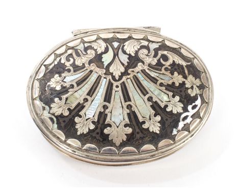 Fine early 18th century tortoiseshell silver brass and abalone inlaid snuff box of oval form, the hinged cover with fanned ro