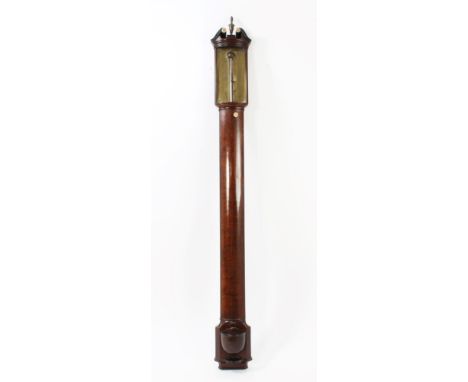 George III stick barometer with swan-neck pediment, brass scale, signed - W. & S. Jones, London, in bow front mahogany case w