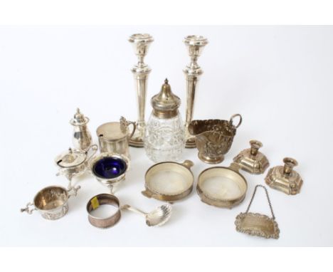 Selection of miscellaneous silver - including pair candlesticks, drum mustard, cream jug, caddy spoon, pair dishes with glass