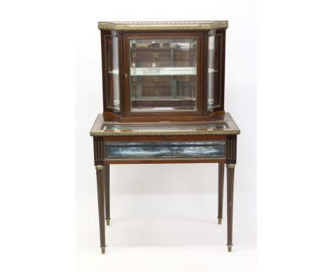 Unusual late 19th / early 20th century Continental mahogany and brass inlaid vitrine, the glazed superstructure with marble i