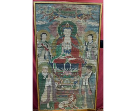 Fine 16th / 17th century Chinese Buddhist scroll delicately painted in muted tones with central bodhisattva figure holding ru