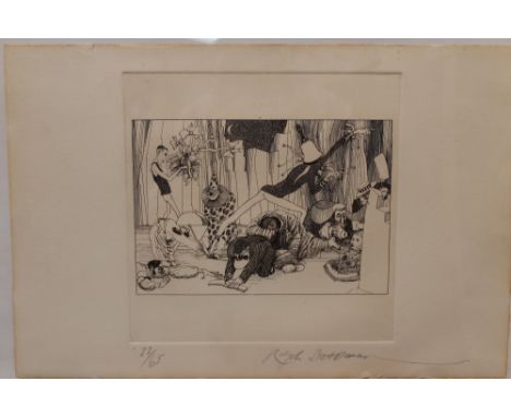 *Ralph Steadman (b. 1936), signed limited edition etching - figures on stage, 22 / 65, 31cm x 46cm, unframed