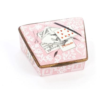 Highly unusual, circa 1800, German enamelled snuff box of trapezoidal form, decorated with Trompe-l'oeil panels of letters an