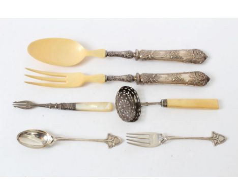 Selection of miscellaneous silver and white metal - including a pair of ivory salad serves with ornate handles, Art Nouveau-s