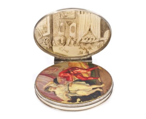 Fine and rare 18th century erotic mother of pearl and silver snuff box of oval form, the top engraved with a scene of a cavor