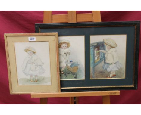 B. E. Digby, three Edwardian English School watercolours - portrait of a little girl with dolls' pram, feeding a rabbit and s