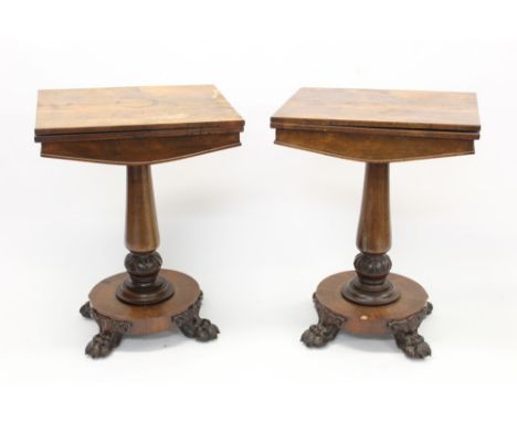 Good pair of William IV rosewood card tables of small size, each framed fold-over top enclosing baize-lined playing surface w