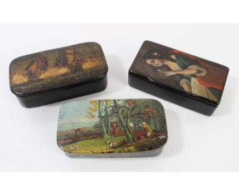 19th century painted papier mâché snuff box of rectangular form, the hinged cover painted with a seated female beauty, 8cm wi