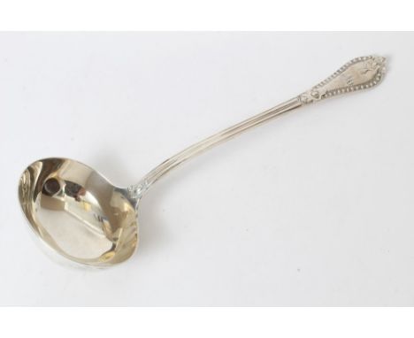 Victorian silver Grecian pattern soup ladle with engraved initial (London 1862), maker's mark rubbed.  All at approximately 1