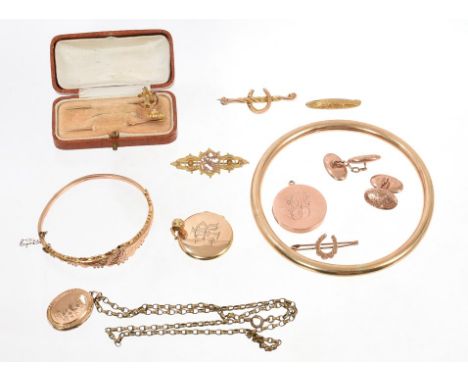 Pair of Edwardian 9ct rose gold cufflinks (Chester 1907 - 1912), slave bangle stamped - 9ct, various Victorian and Edwardian 