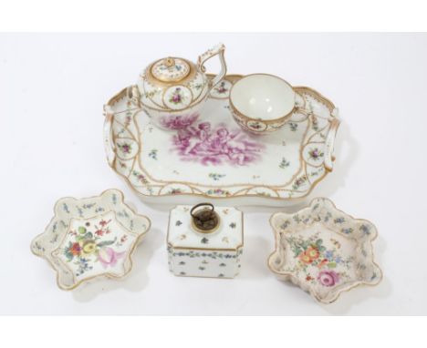 Early 19th century French porcelain tea canister with cork and ormolu stopper, Continental porcelain tray with cherubs and fl