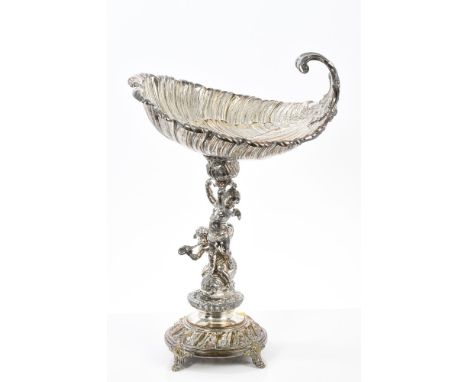 Late 19th century WMF table centrepiece with an angel blowing a shell and riding on a dolphin and another holding up an urn s