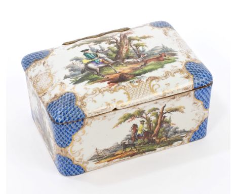 19th century Dresden porcelain casket of rectangular form, with finely polychrome painted hunting scene and landscape decorat